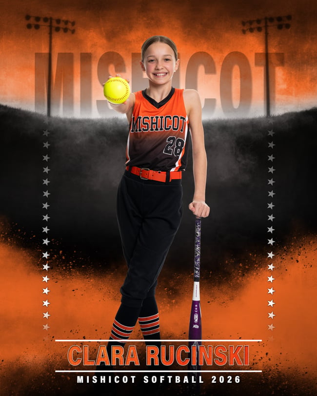 Softball player holding a softball and a bat in front of a composite background.